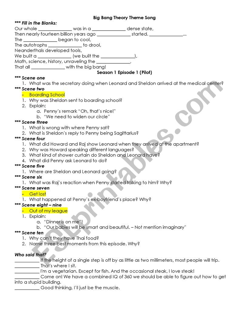 The big bang theory EP 1 S 1 worksheet