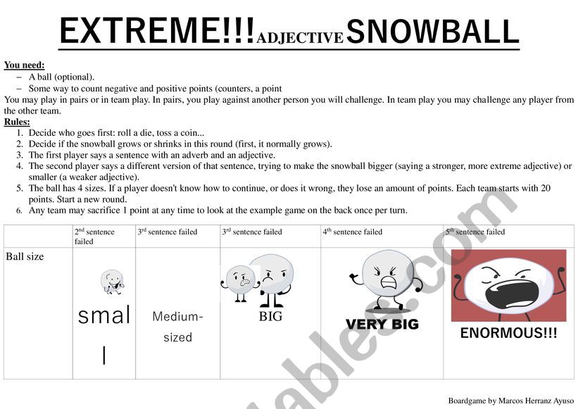 Extreme Adjectives Snowball Game