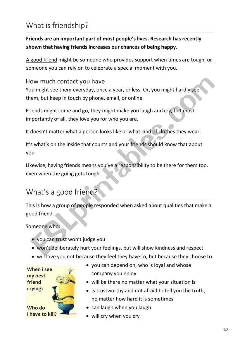 Friends and friendship worksheet