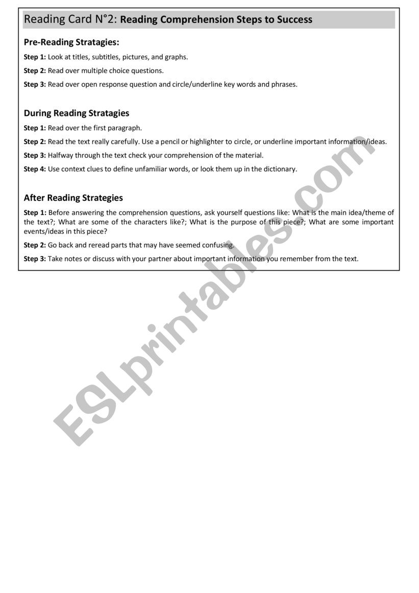 Reading Comprehension steps  worksheet