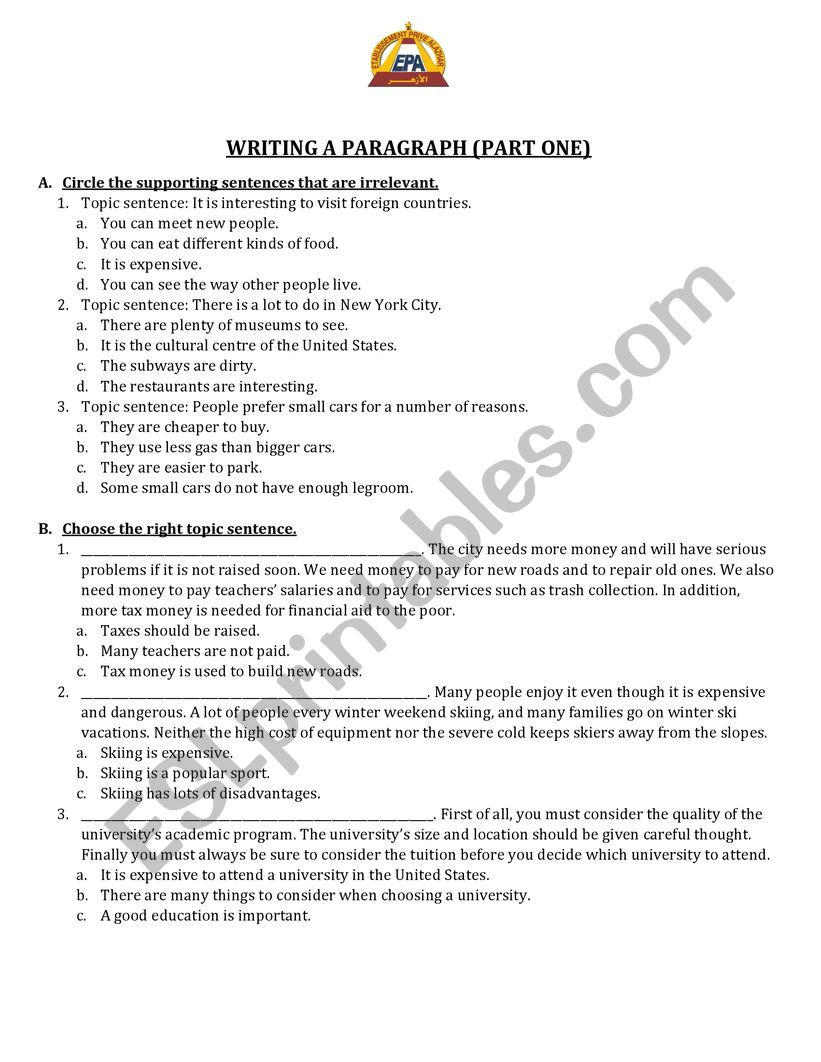 paragraph wriring worksheet