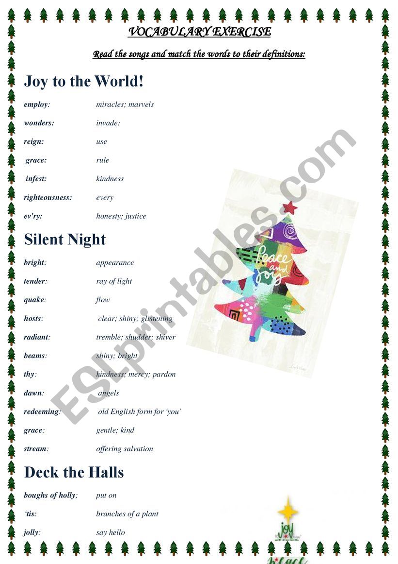 Traditional Christmas Carols -vocabulary exercise and information.