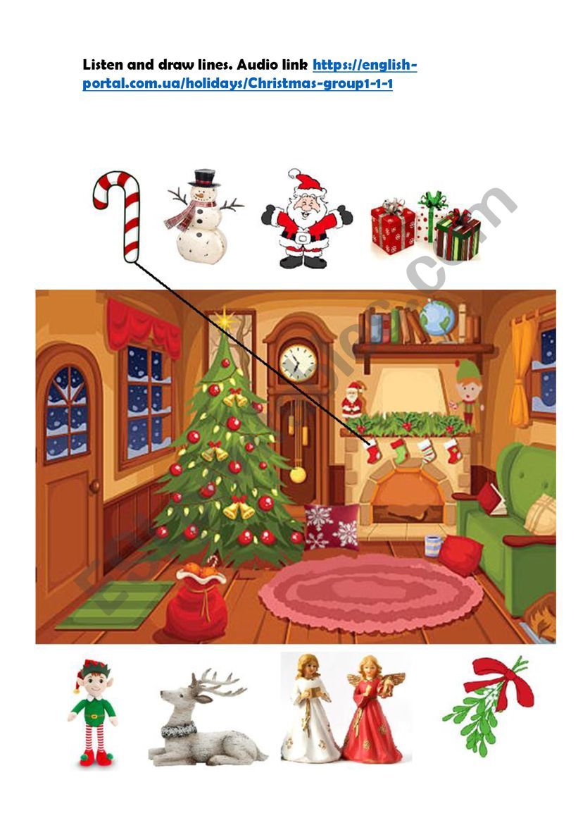 christmas prepositions. listen and draw lines