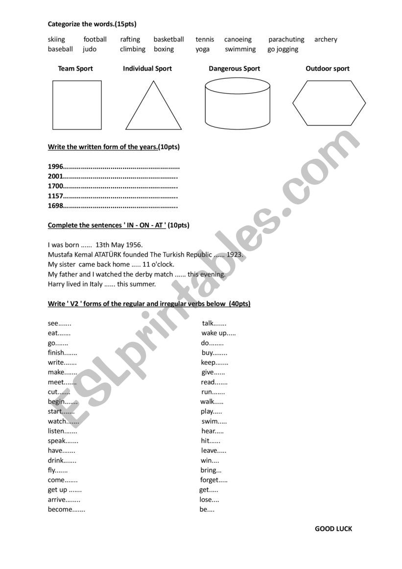 sports and simple past worksheet