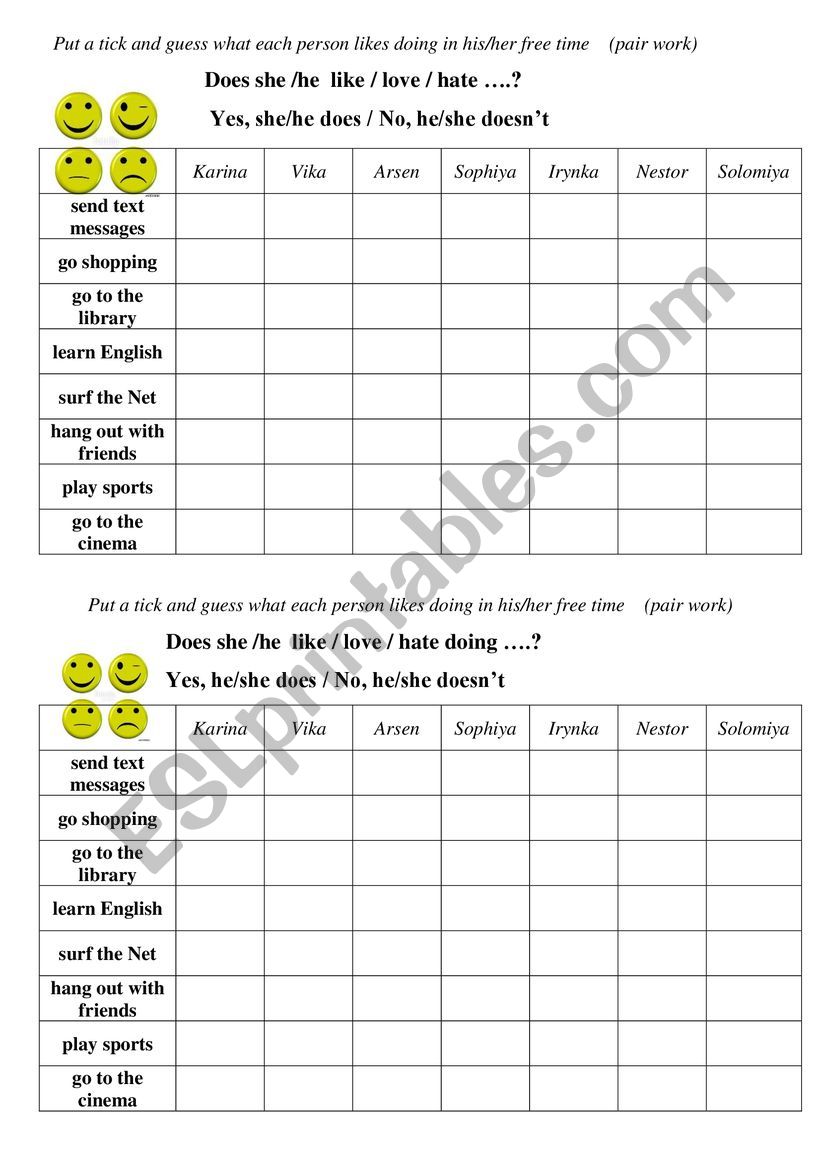 Free time activities (pair work)