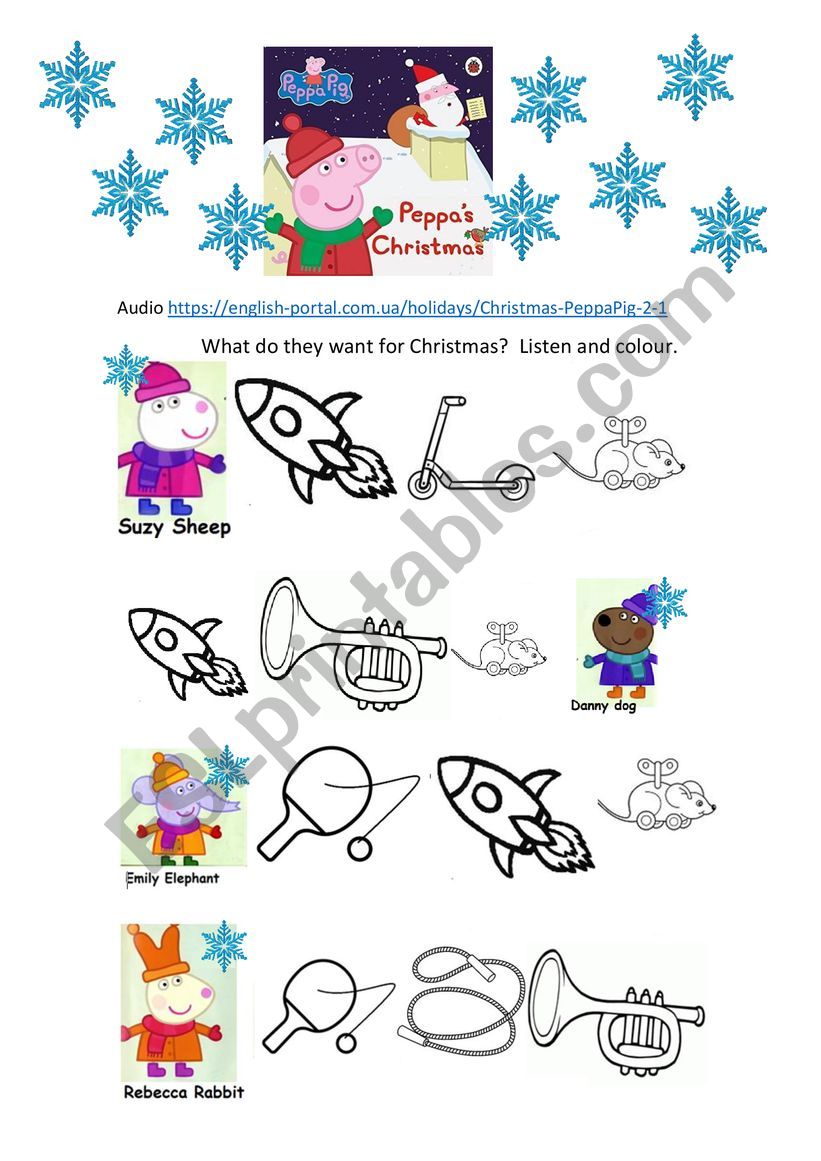 Peppas Christmas. Listen and colour the correct picture. 