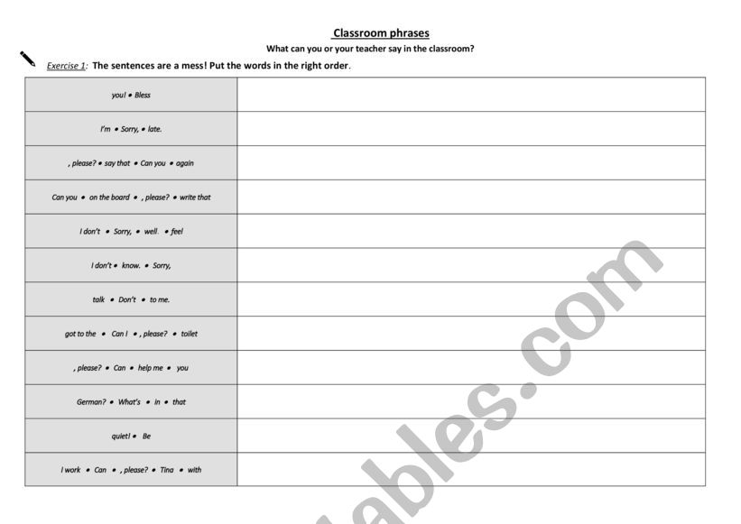 Classroom phrases worksheet