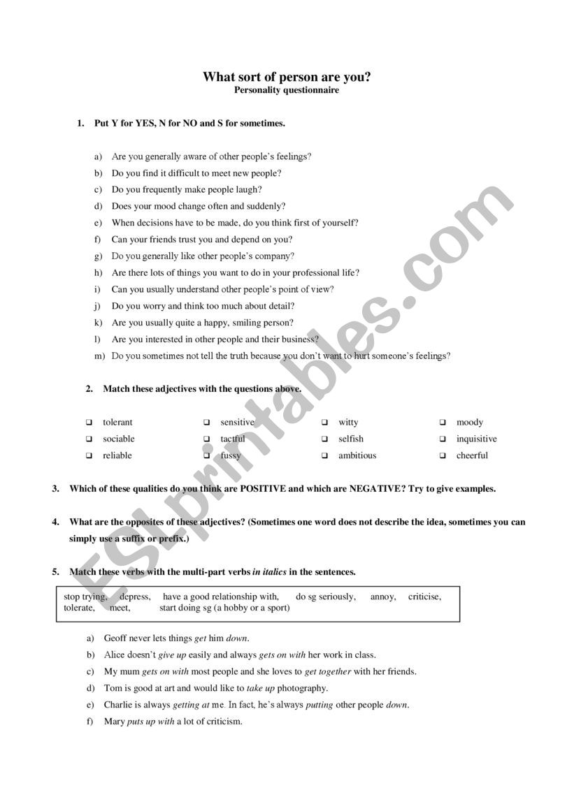Personality questionnaire worksheet