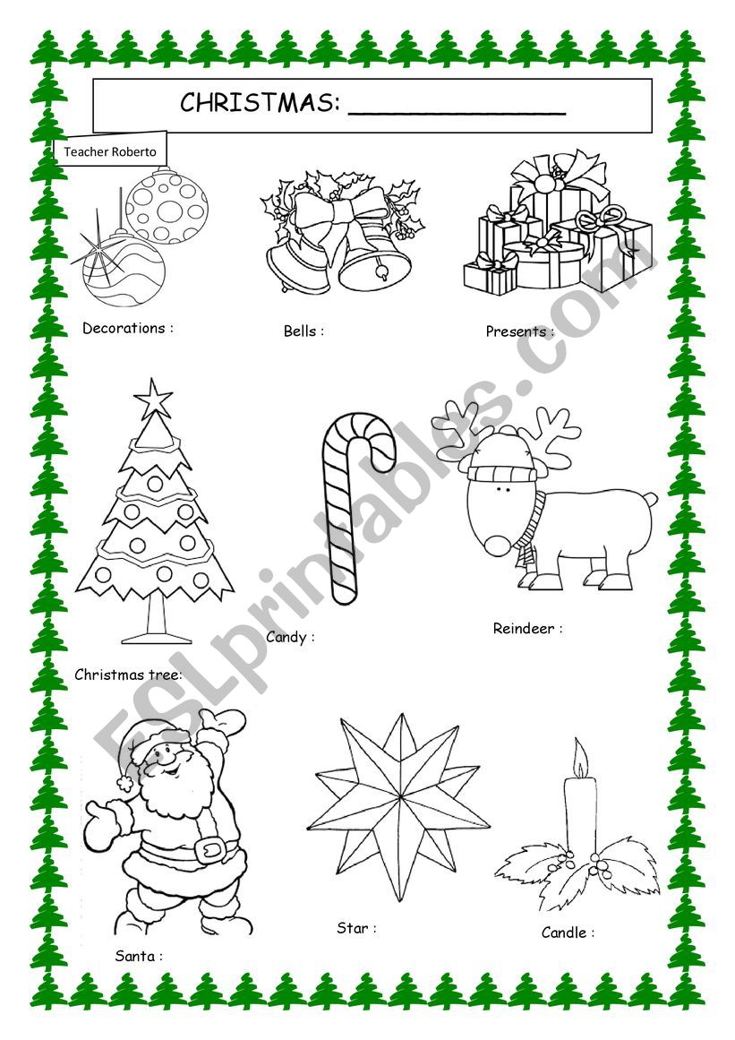 christmas vocabulary-objects to translate in your language and color.