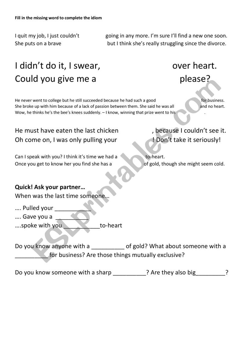 Body idioms  worksheet