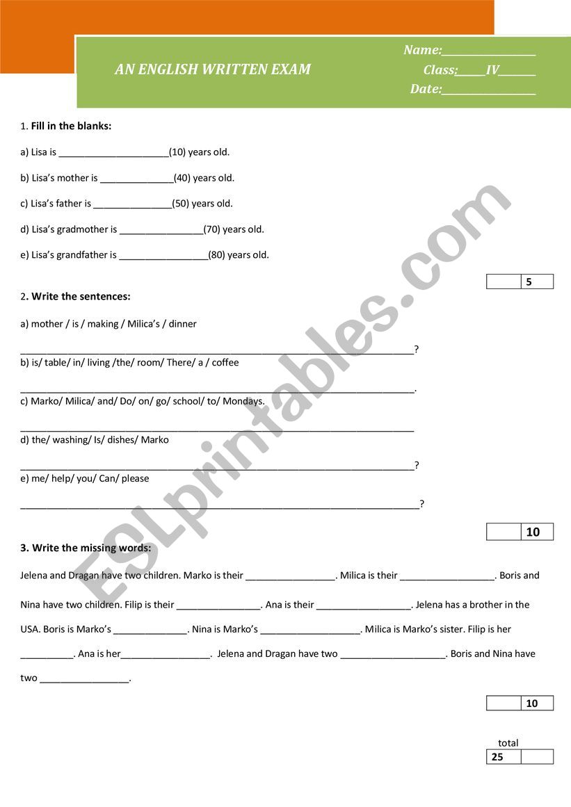 elementary test worksheet