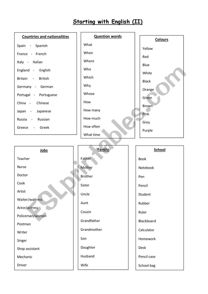 Starting with English (II) worksheet