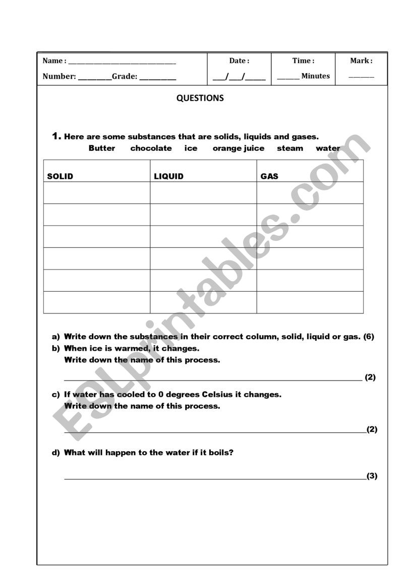 Science exam  worksheet