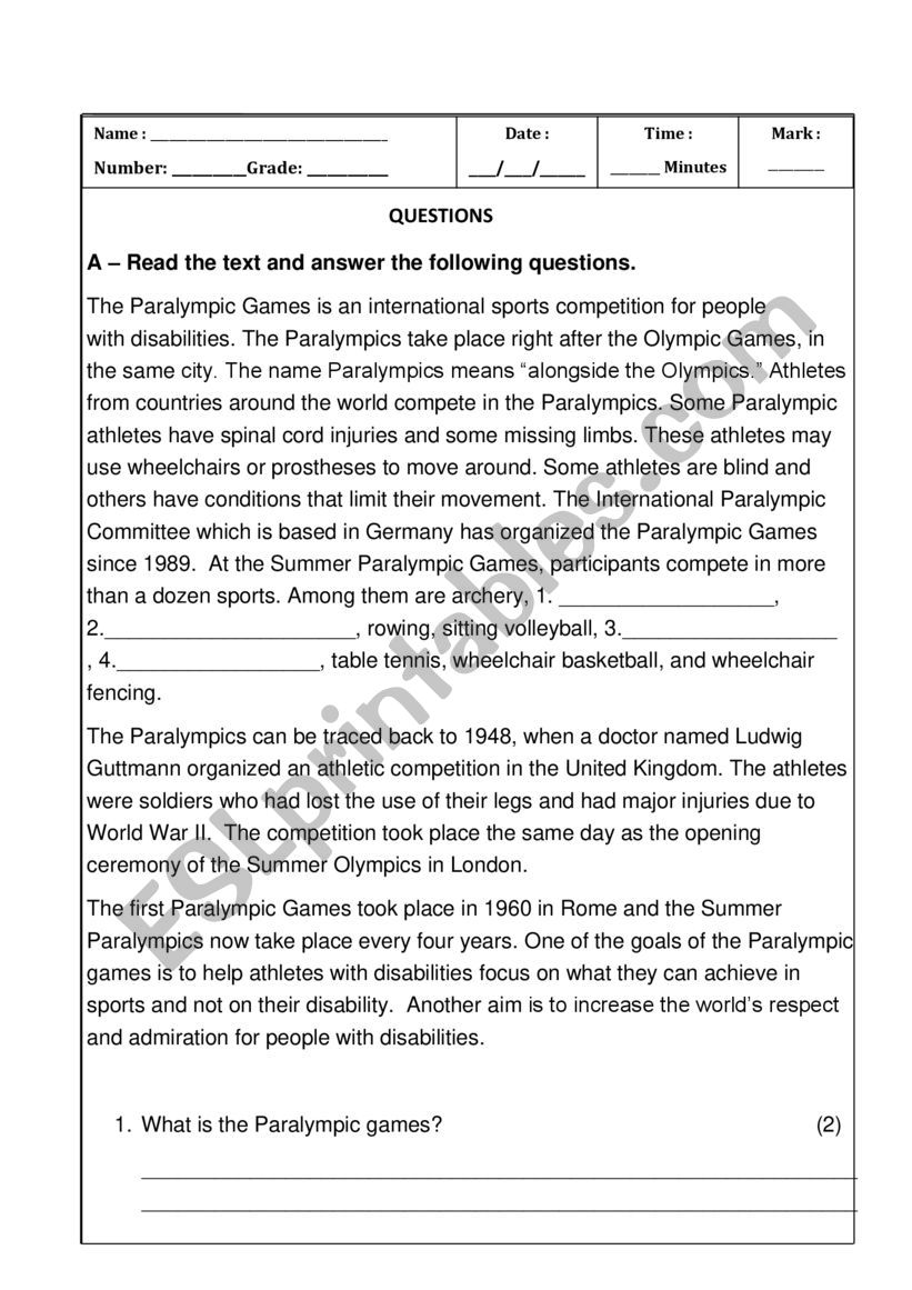 Test Sports worksheet