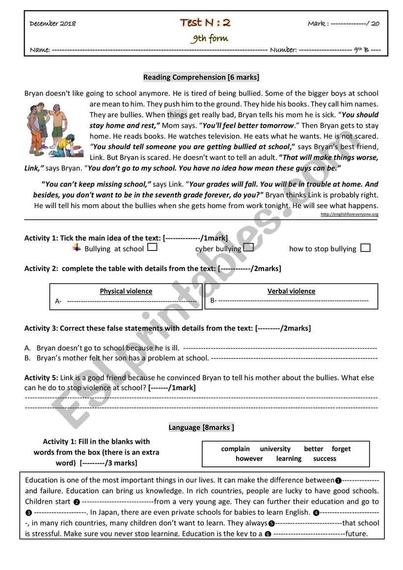 school life test 2  worksheet