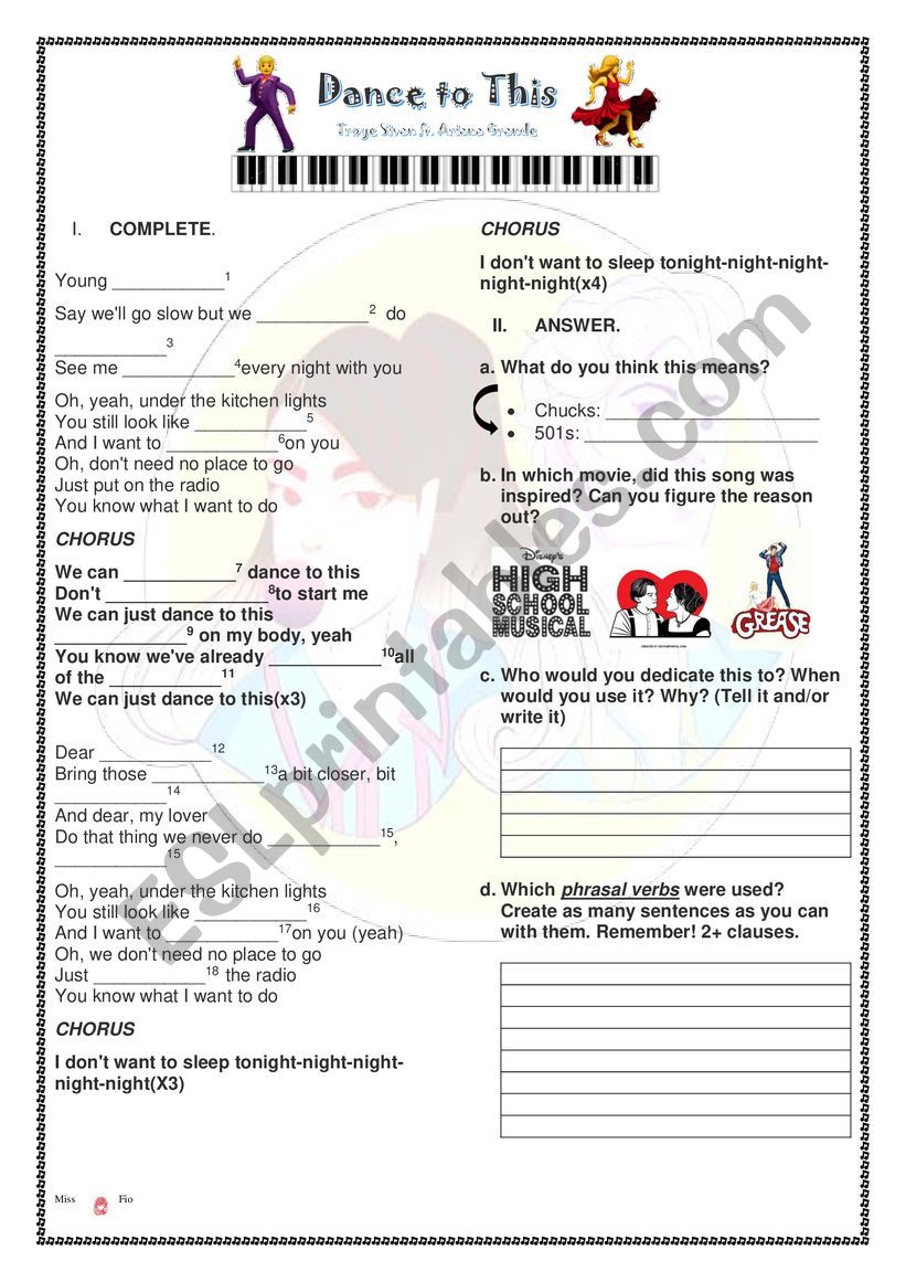 Worksheet Dance to this Song worksheet