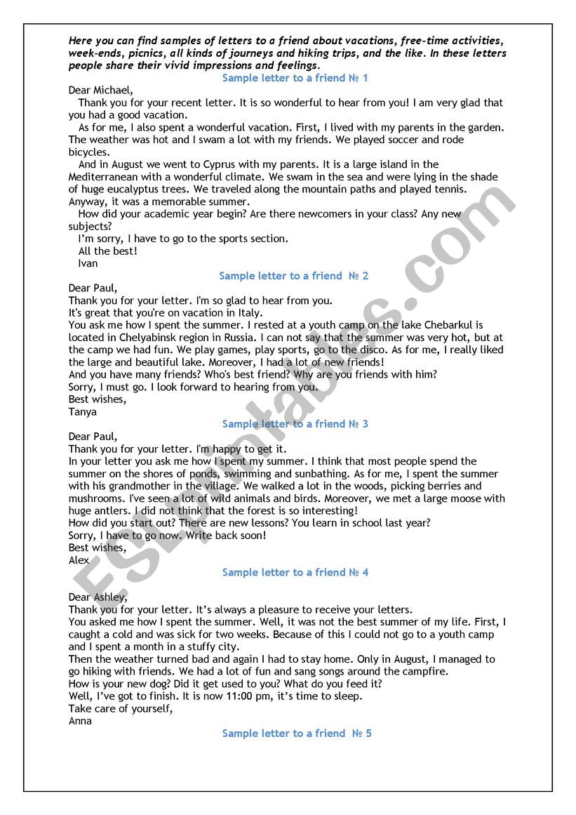 friendly letter samples worksheet