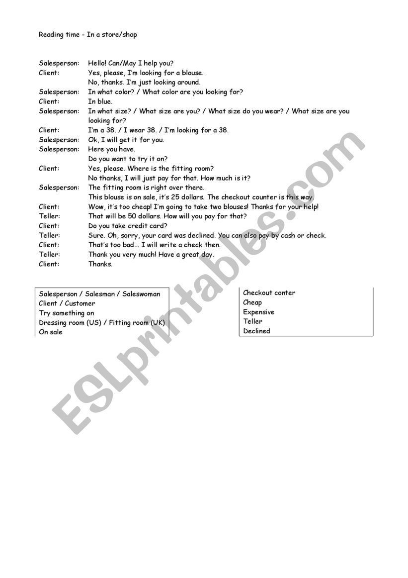 In a store - dialogue worksheet