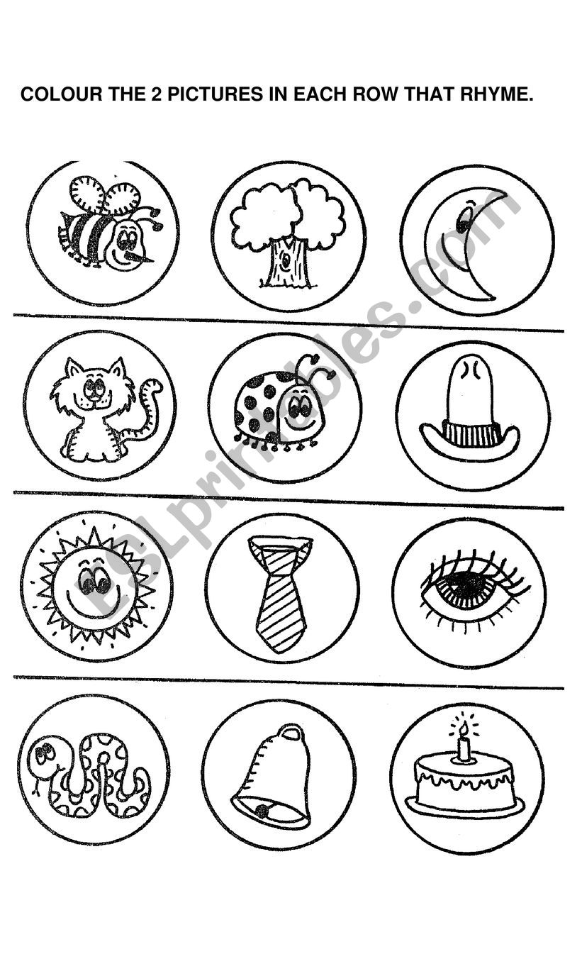 COLOUR THE 2 PICTURES IN EACH ROW THAT RHYME.