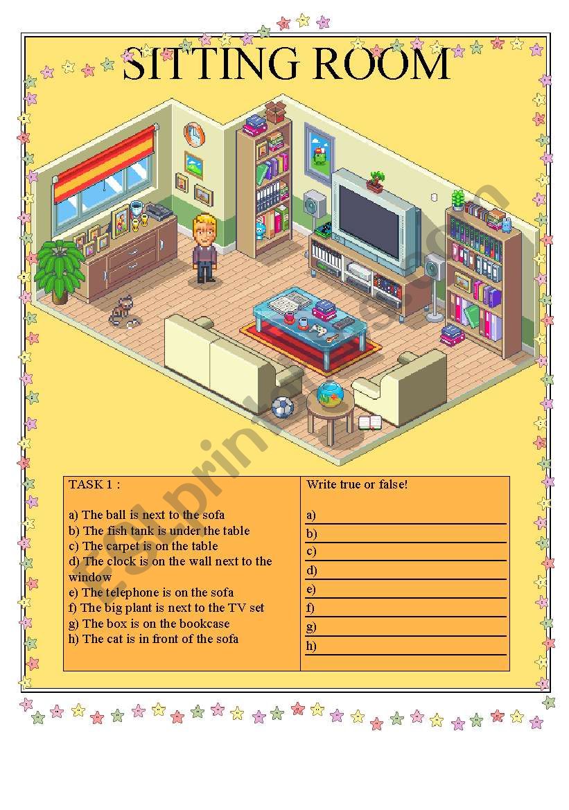 Sitting room - prepositions worksheet