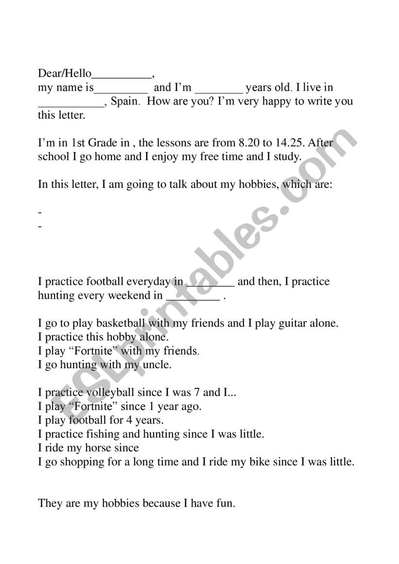 Hobbies: letter structure worksheet