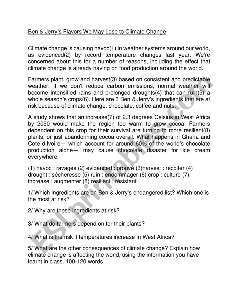 Ben & Jerrys climate change worksheet