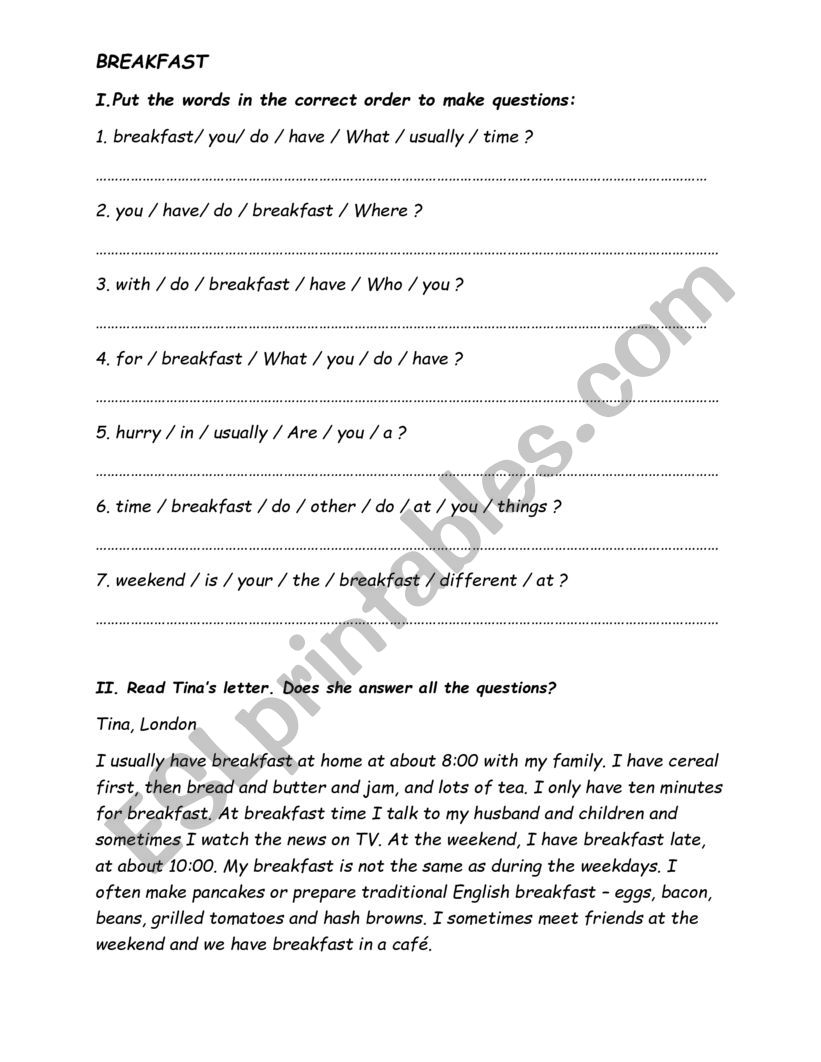 Breakfast worksheet