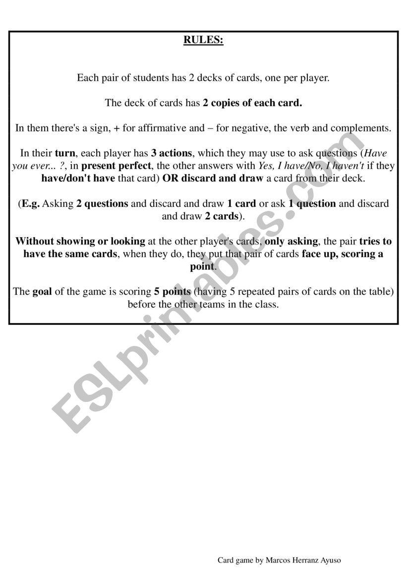 Have you ever card game worksheet