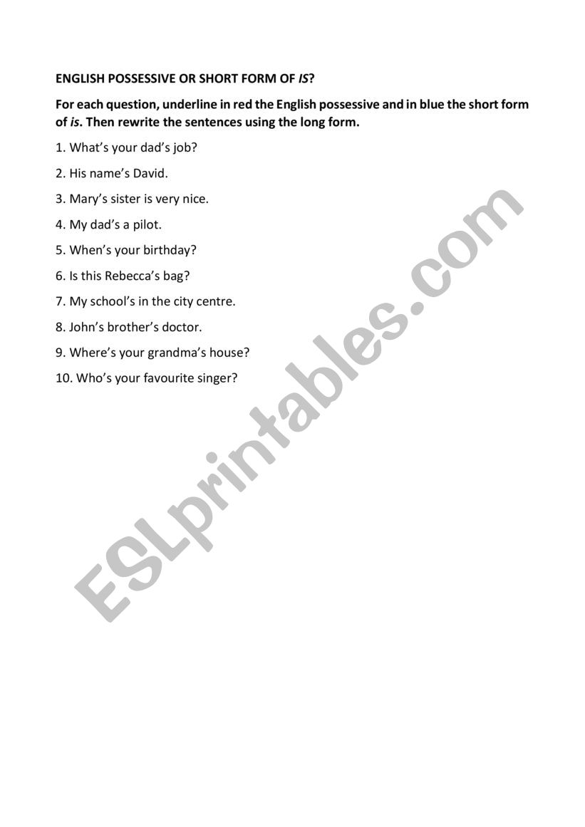 English possessive or is? worksheet