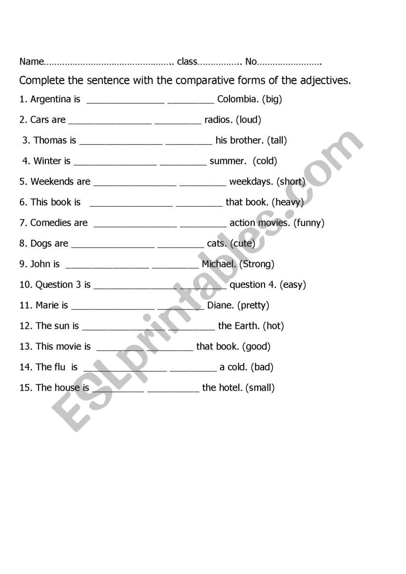 Comparative adjective worksheet