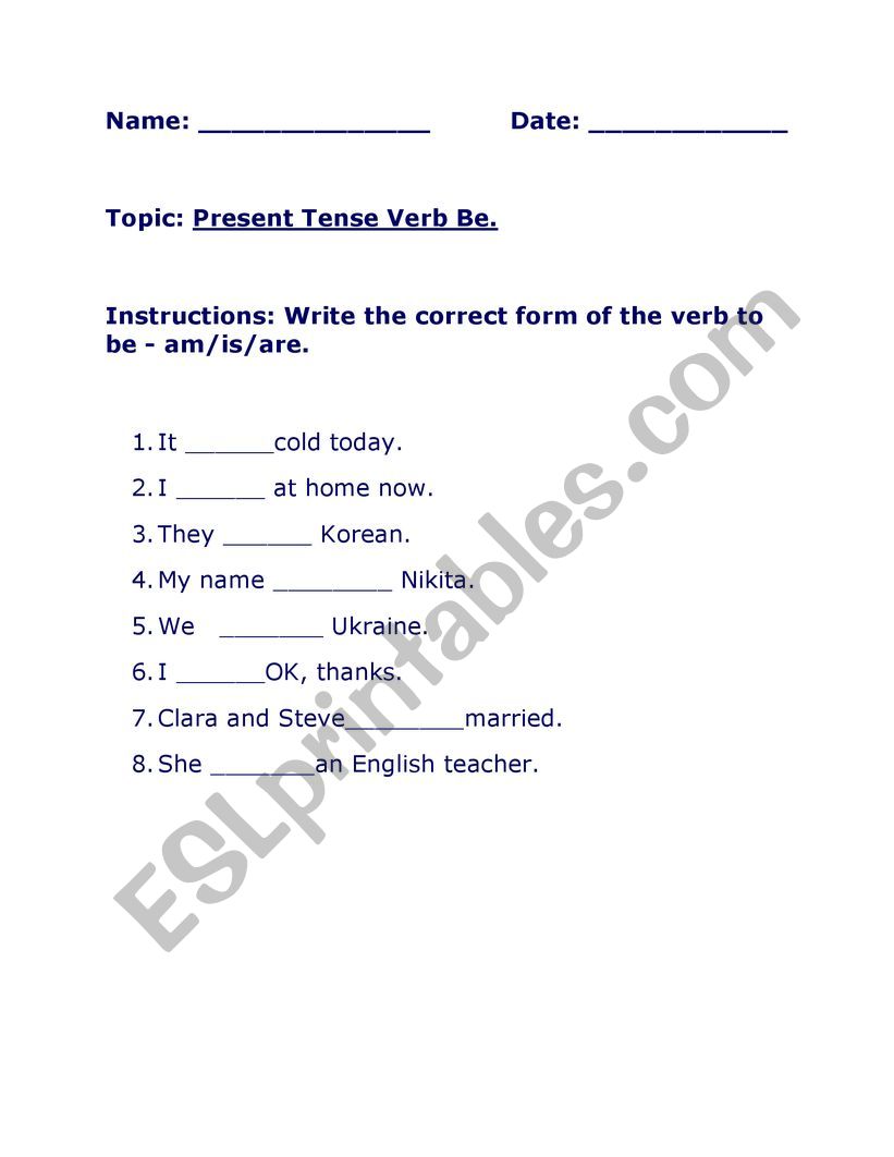 Present Tense Verb Be worksheet