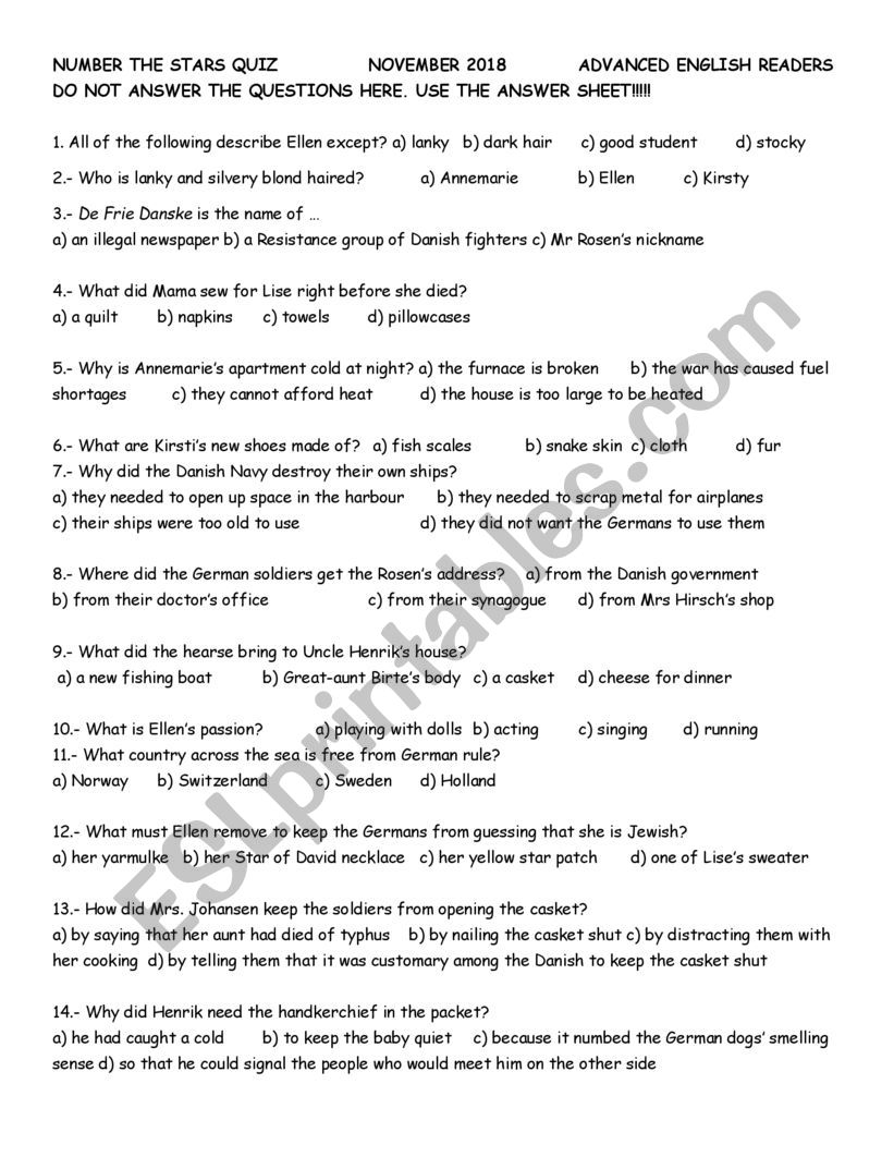 Number the Stars Final Quiz worksheet