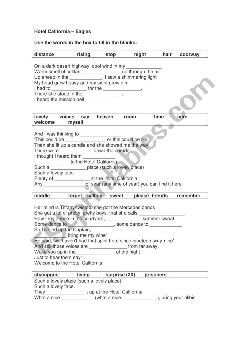 SONG - Hotel California worksheet