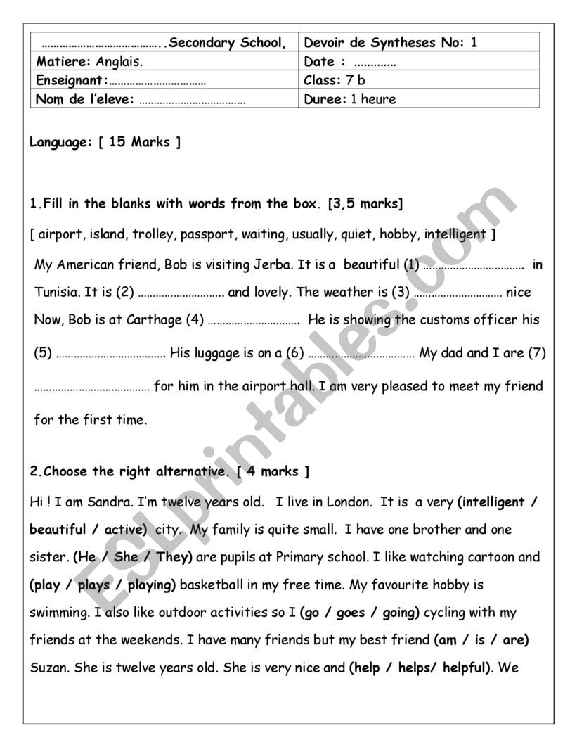 7th form end of term test1 worksheet