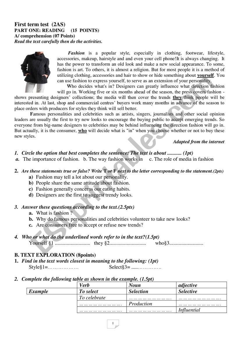 Exam for 2AS worksheet