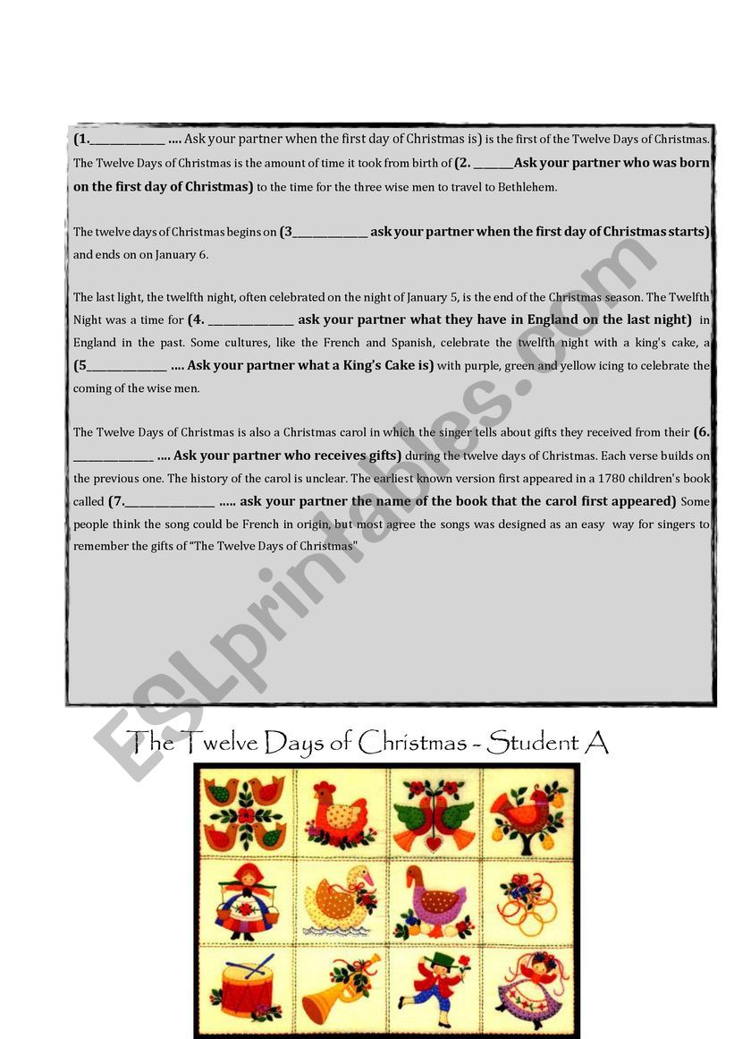 Twelve Days of Christmas - ESL worksheet by psrates