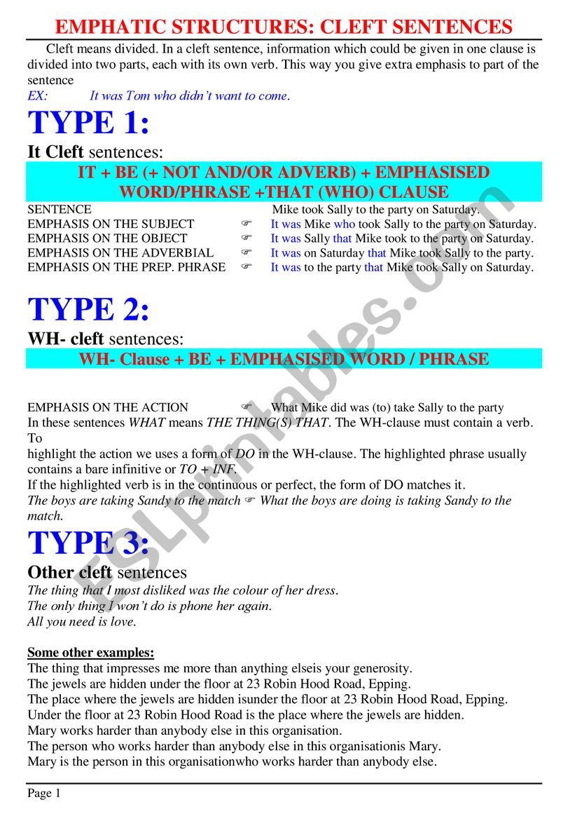 grammar exercises on cleft sentence