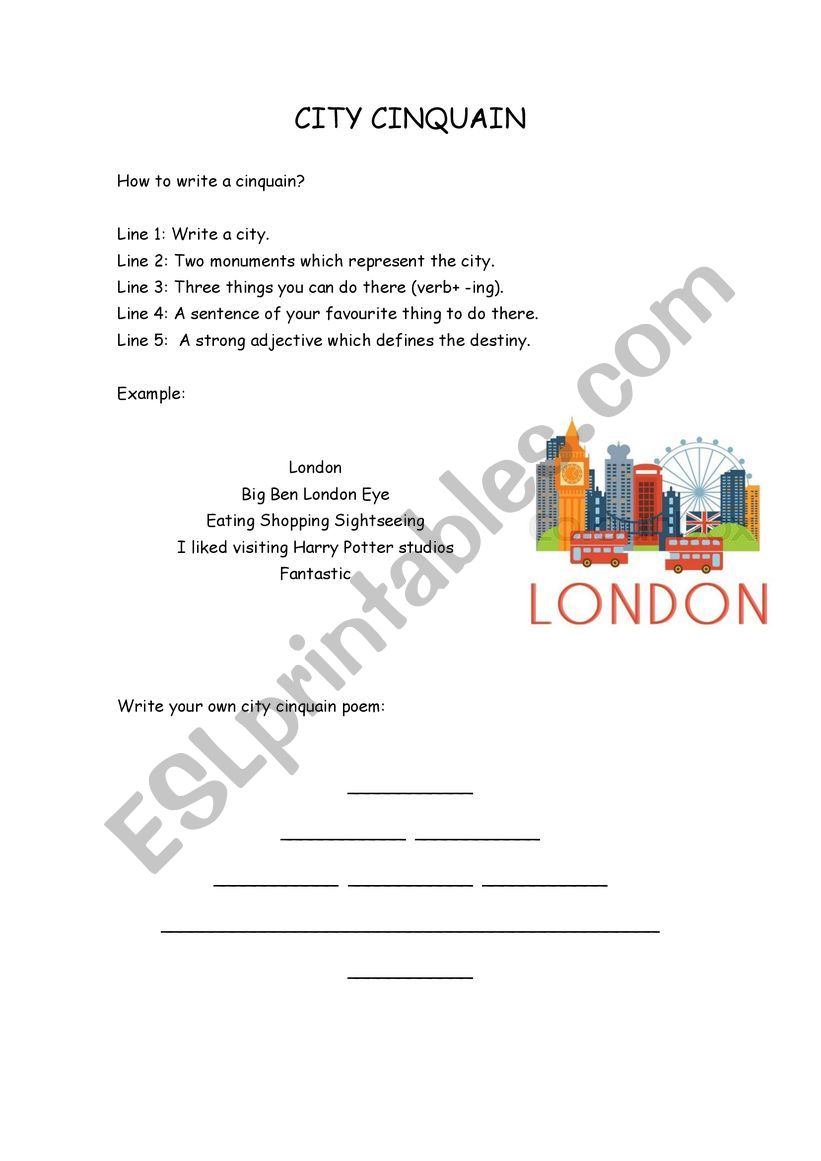 A cinquain about a city - ESL worksheet by IsaCasado