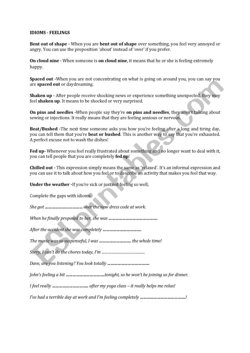 Idioms feeling worksheet