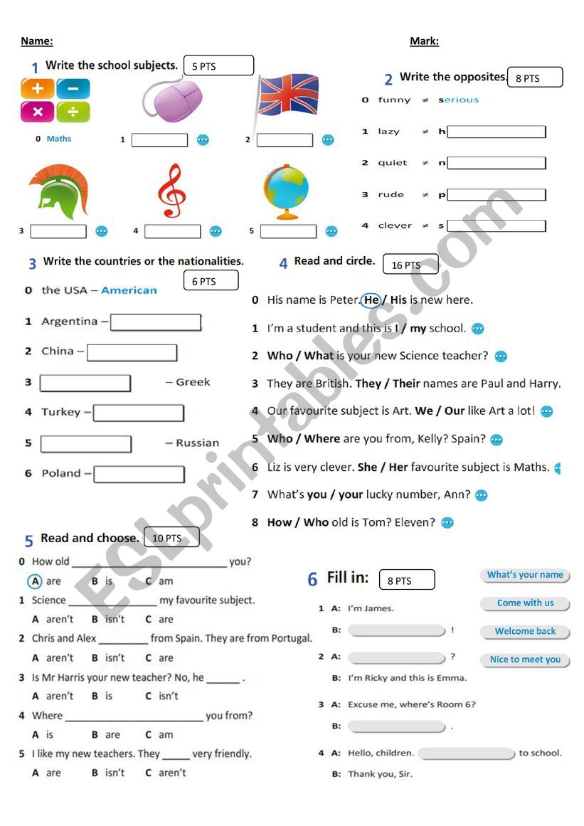 school subjects and adjectives