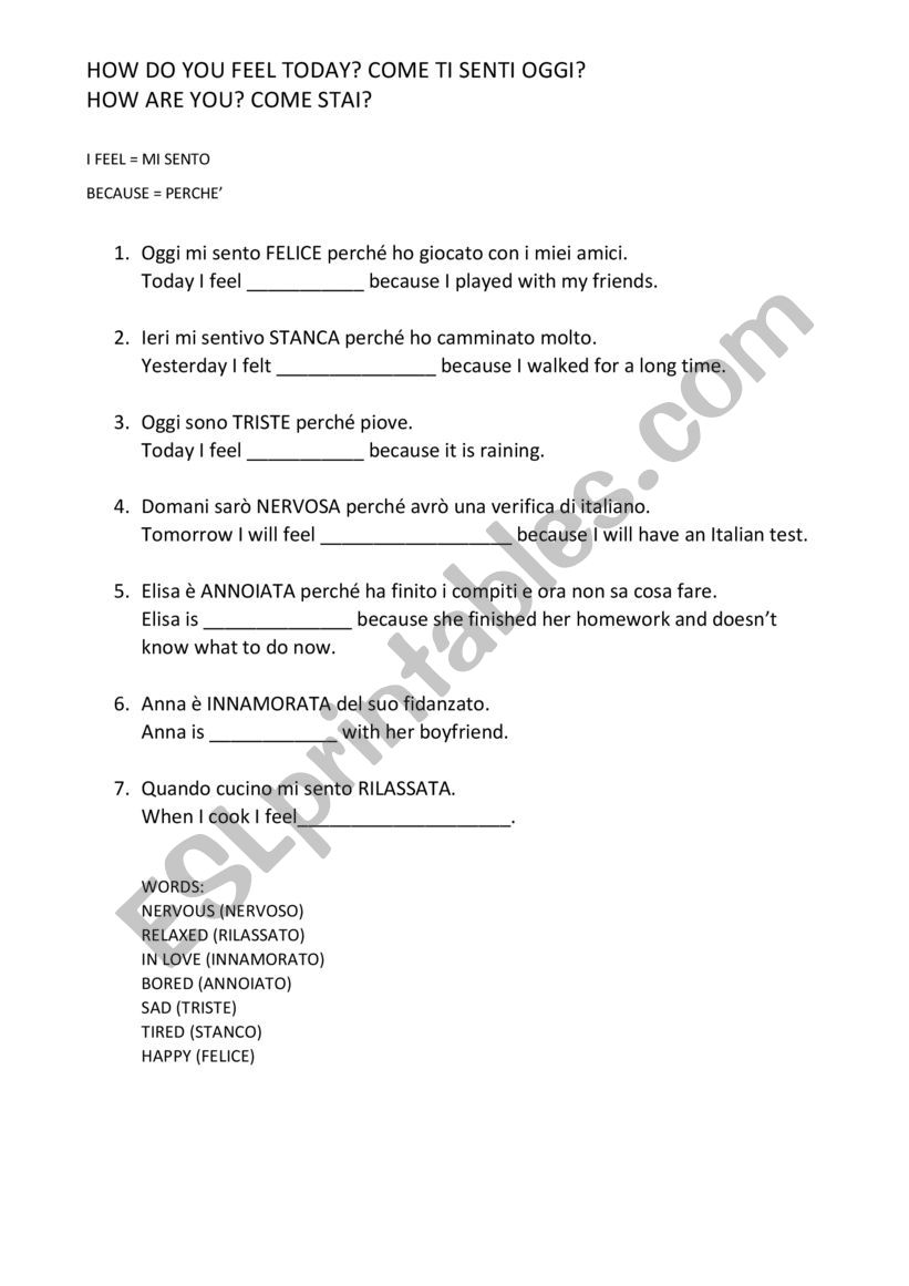 Italian - English sentences worksheet