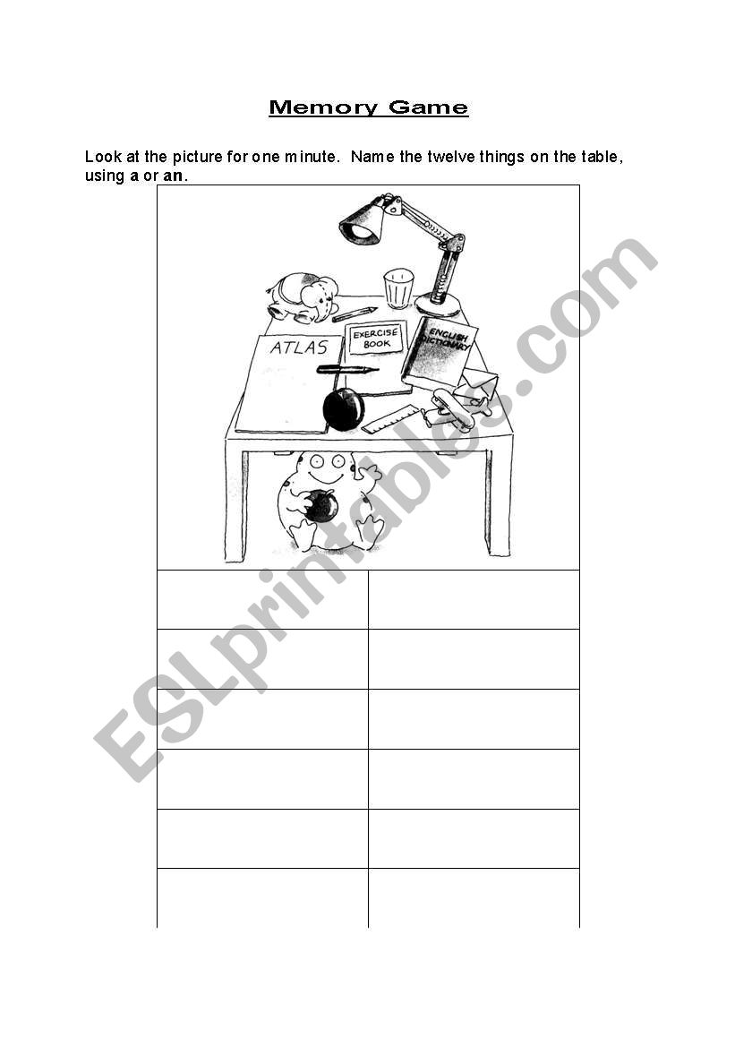 Memory Game worksheet