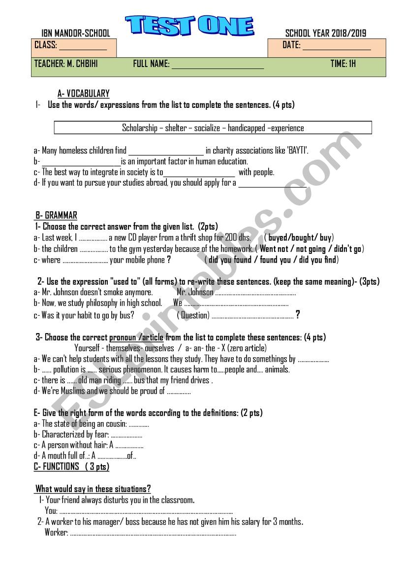 Morocco 1st year bac test 1 Ticket to English