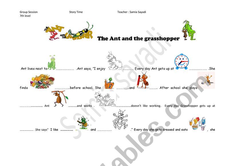 Story Time The Ant And The Grasshopper Easy Readers Esl Worksheet By Samiabibo