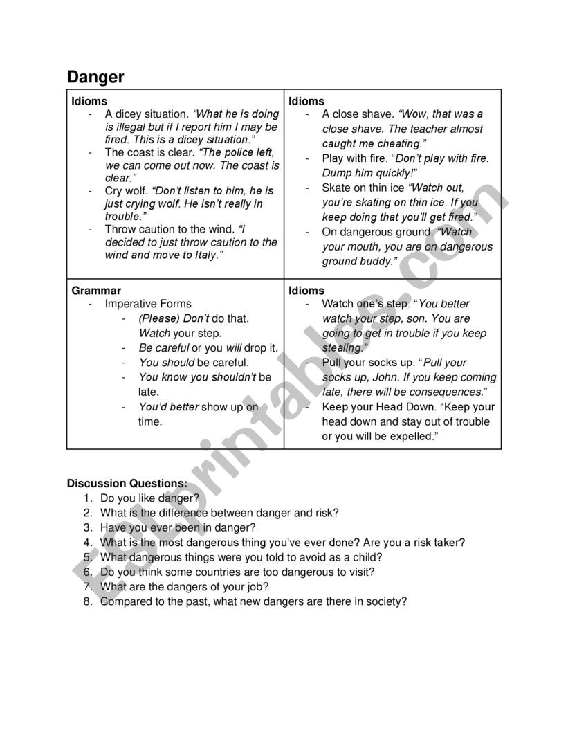 Danger Speaking Activity worksheet