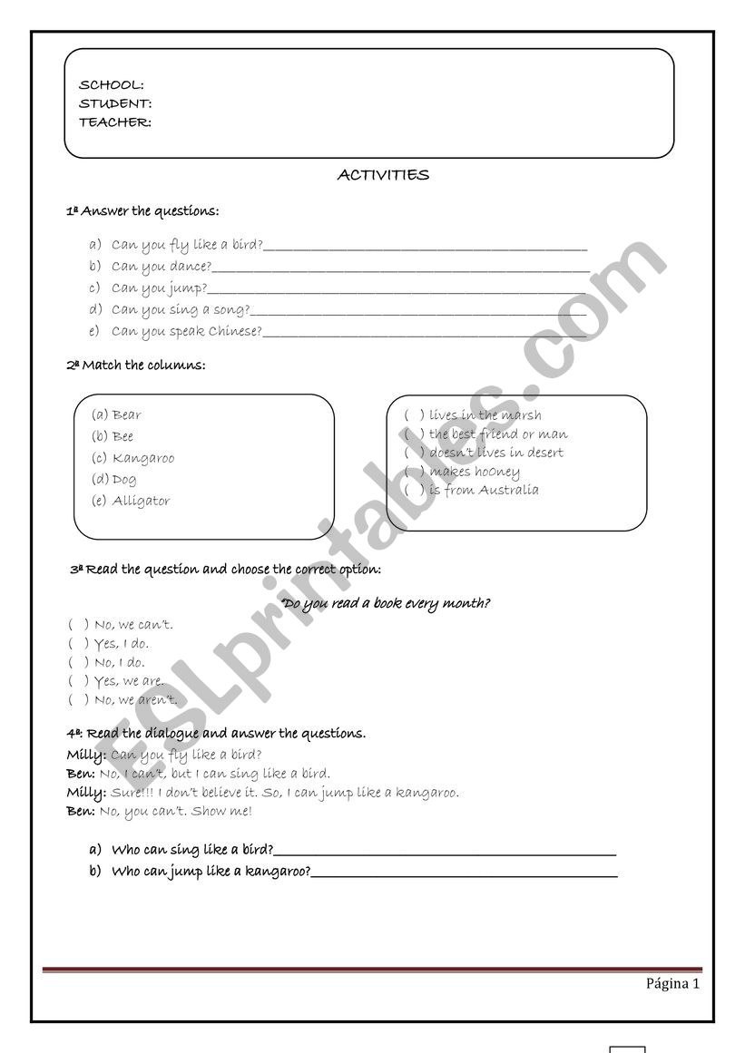 Activities worksheet