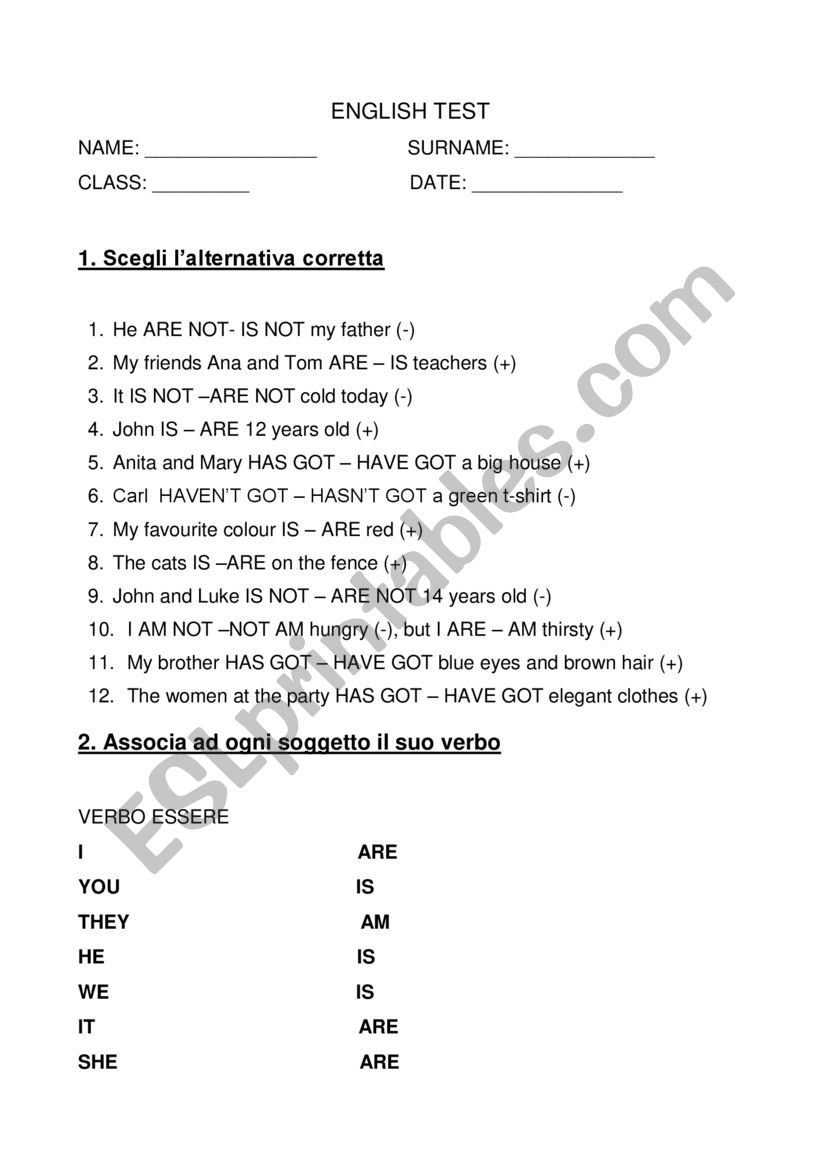 grammar test to be to have worksheet