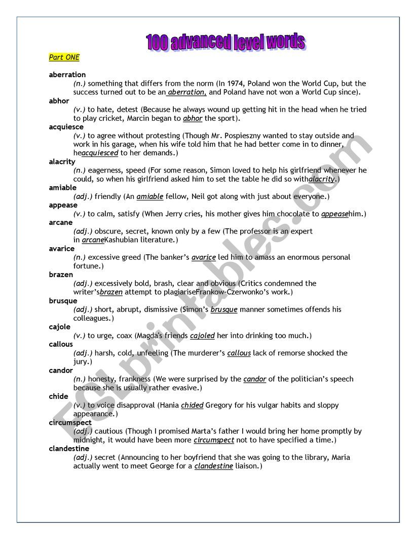 Advanced level words  worksheet