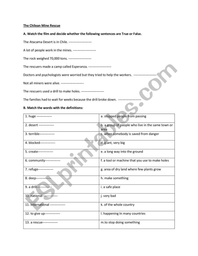  CHILEAN MINERS worksheet