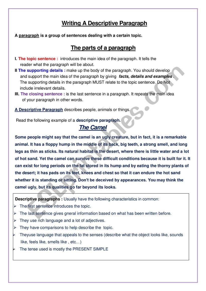 A Descriptive Paragraph worksheet